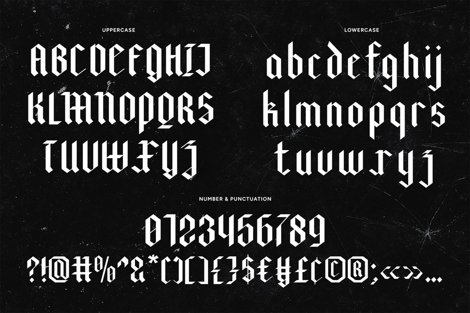 BLACKVILLE Font uppercase and lowercase characters, numbers symbols and punctuation