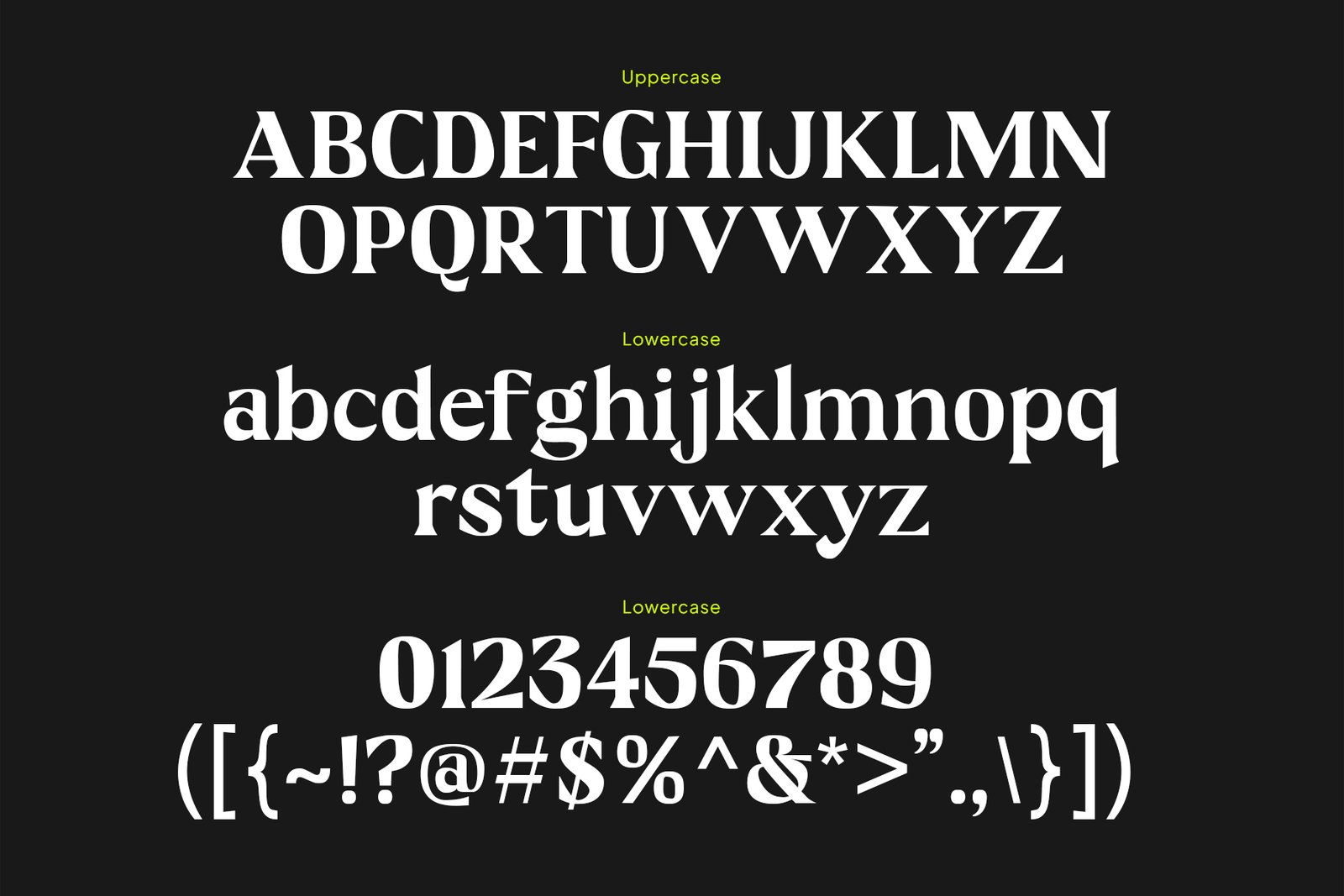 Flagtail Display Font uppercase and lowercase alphabet numbers punctuation and glyph specimen