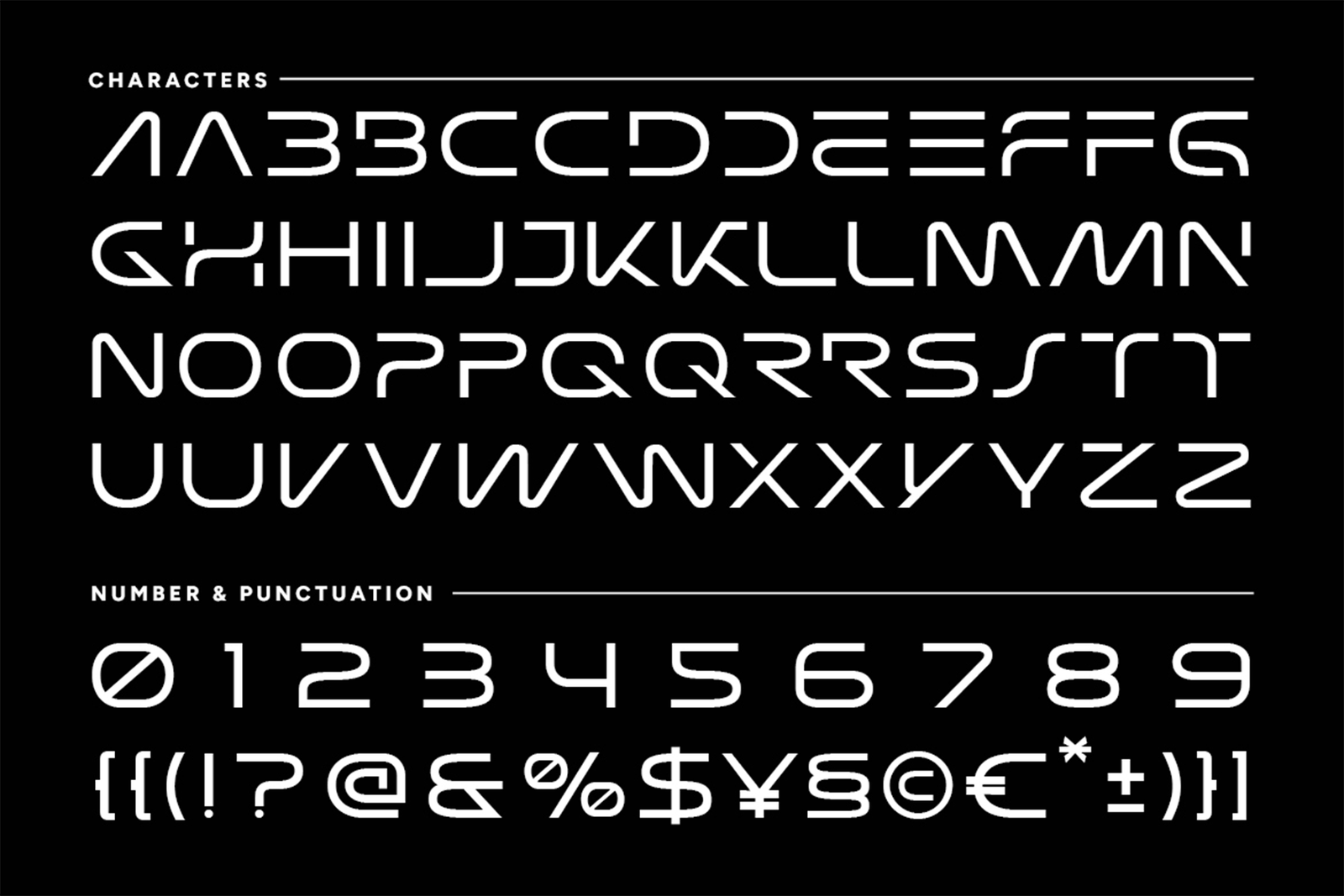 Psionic Font uppercase and lowercase character numbers and punctuation character specimen