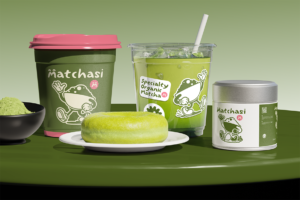 Wakupo Font matcha drinks cups and product packaging mockup