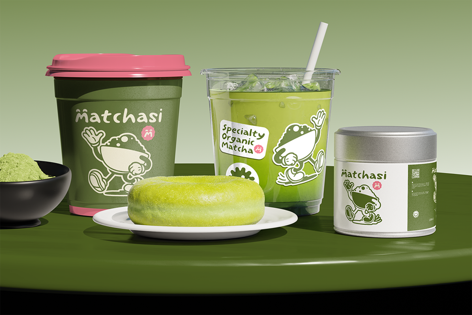 Wakupo Font matcha drinks cups and product packaging mockup