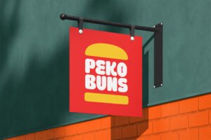 Spicy Pickle Font Peko Buns hanging storefront sign mockup