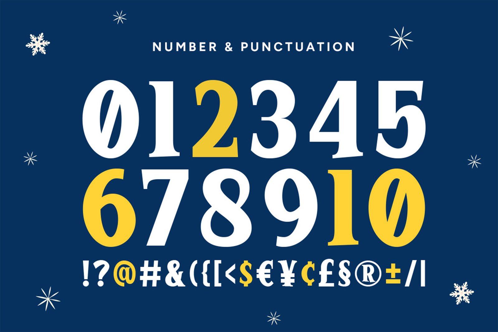 Winter Glyph Font numbers and punctuation character specimen