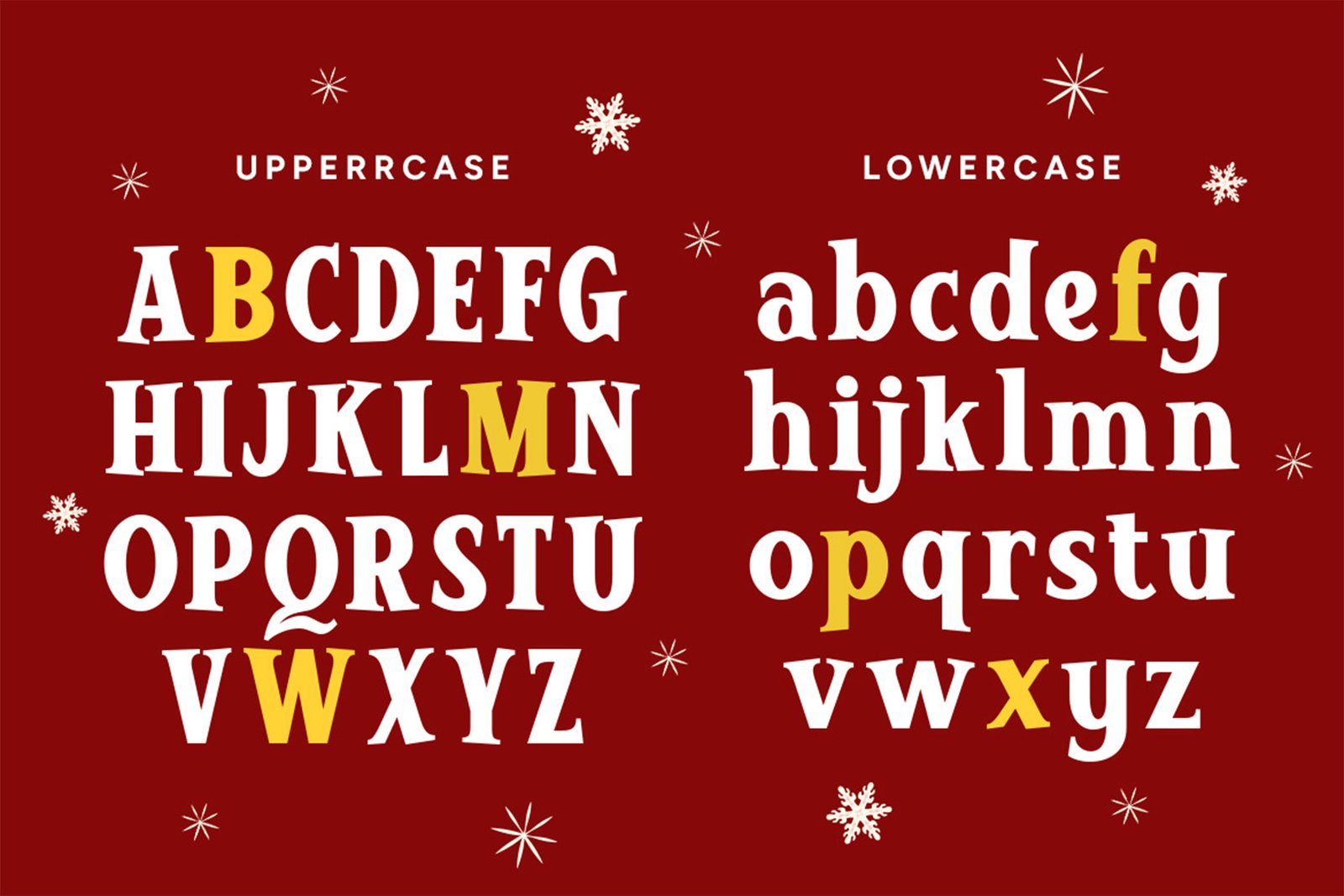 Winter Glyph Font uppercase and lowercase alphabet specimen