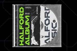 Halford Font sci-fi disk packaging mockup