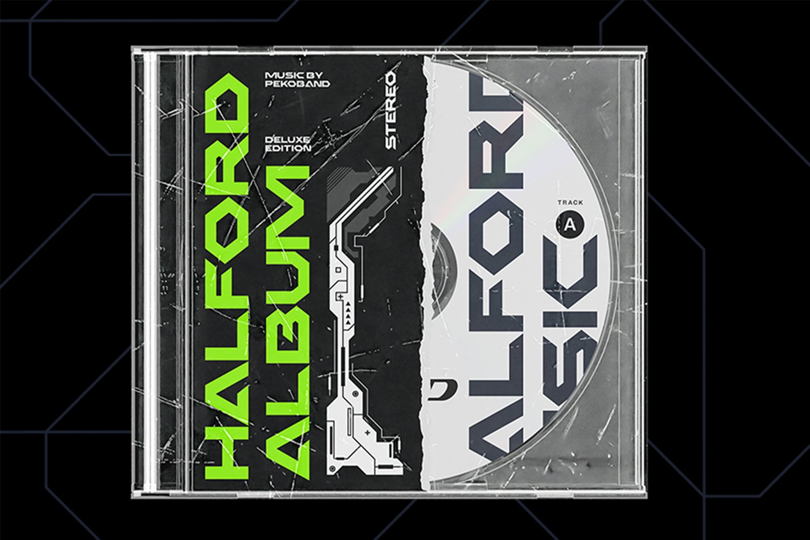 Halford Font sci-fi disk packaging mockup
